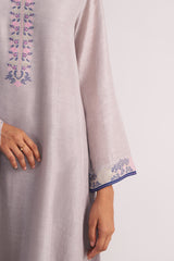 Grey Woven Kurta Set with floral embroidery on a plain background