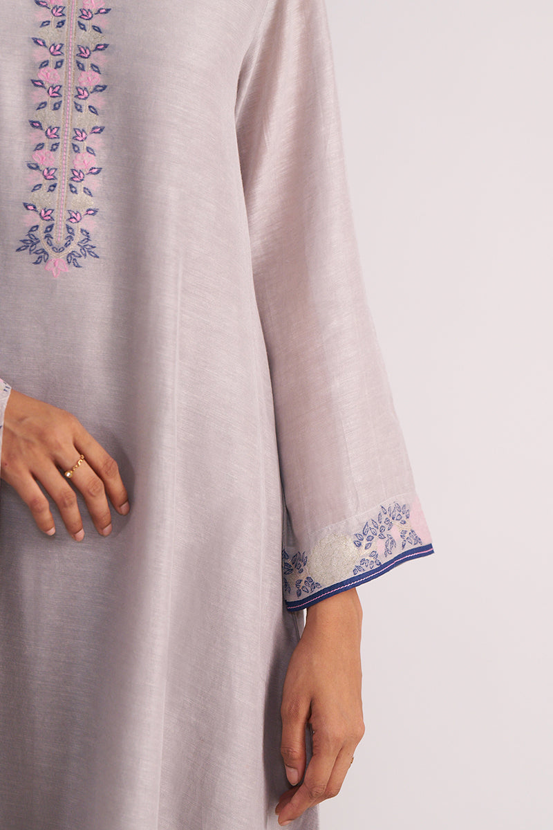 Grey Woven Kurta Set with floral embroidery on a plain background