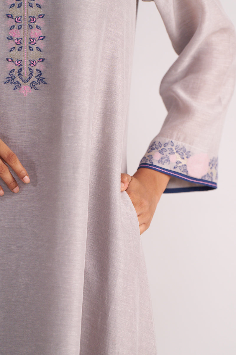 Grey Woven Kurta Set with floral embroidery on a plain background