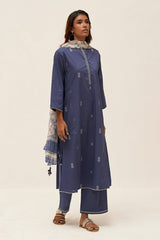 Blue Cotton Salwar Suit With Chiffon Dupatta
