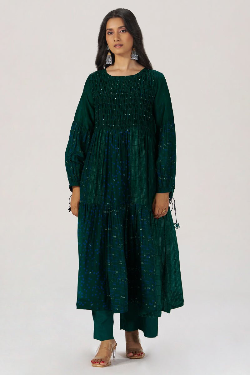 Deep Green Panelled Festive Co-ord Set - Ganga Fashions