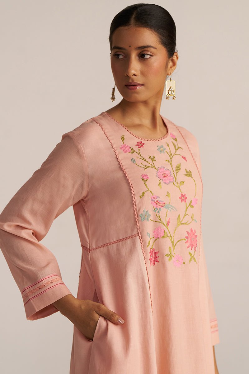Pale Blush Embroidered and Woven Kurta Set