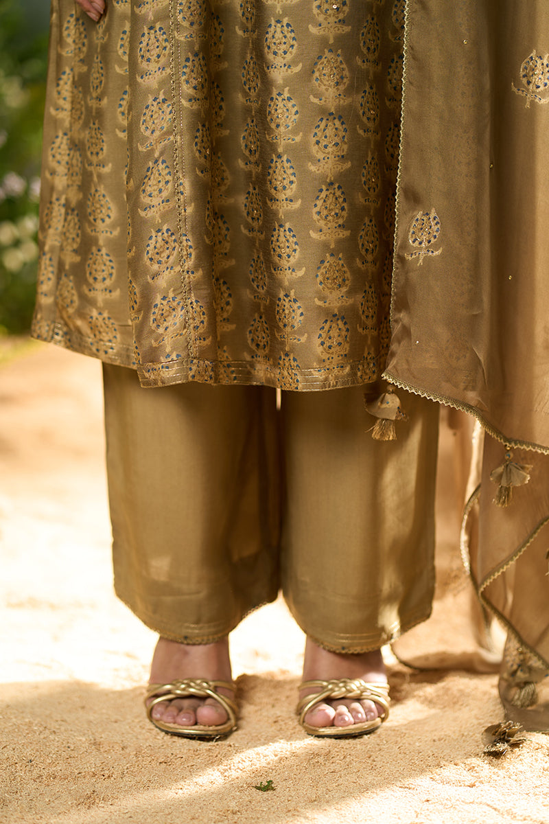 Olive Green Silk Print Festive Kurta Set