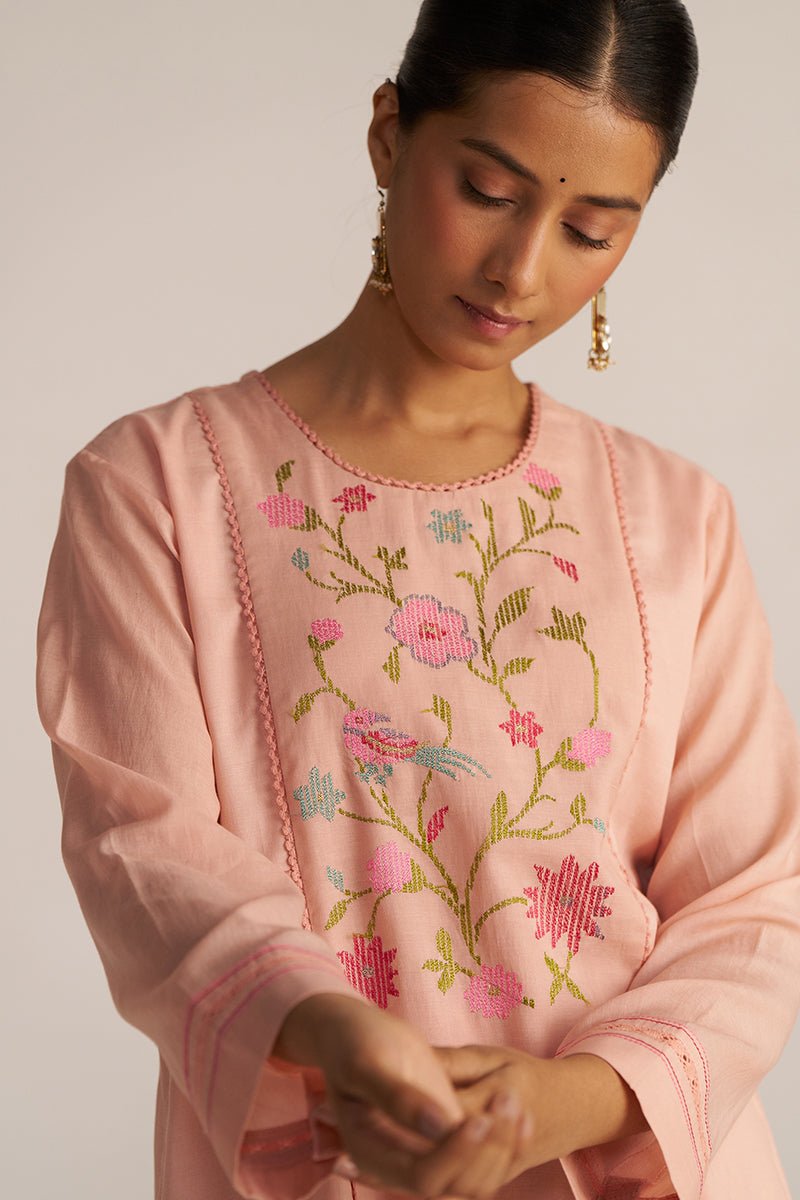 Pale Blush Embroidered and Woven Kurta Set
