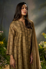 Olive Green Silk Print Festive Kurta Set