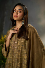 Olive Green Silk Print Festive Kurta Set