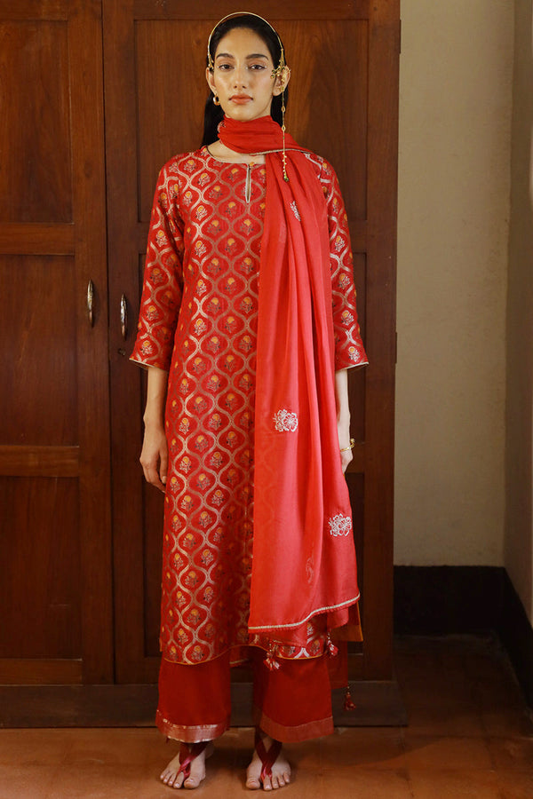 Tango Red Woven Silk Salwar Suit