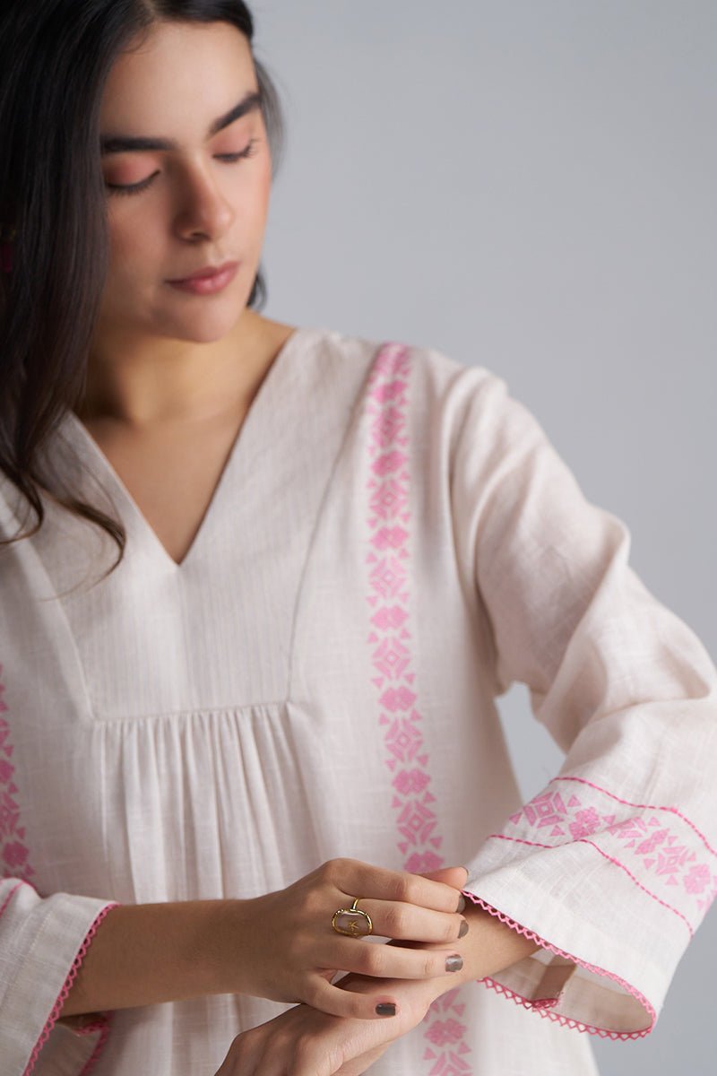 Ivory With Morning Glory Pink Cotton Linen Co-ord Set