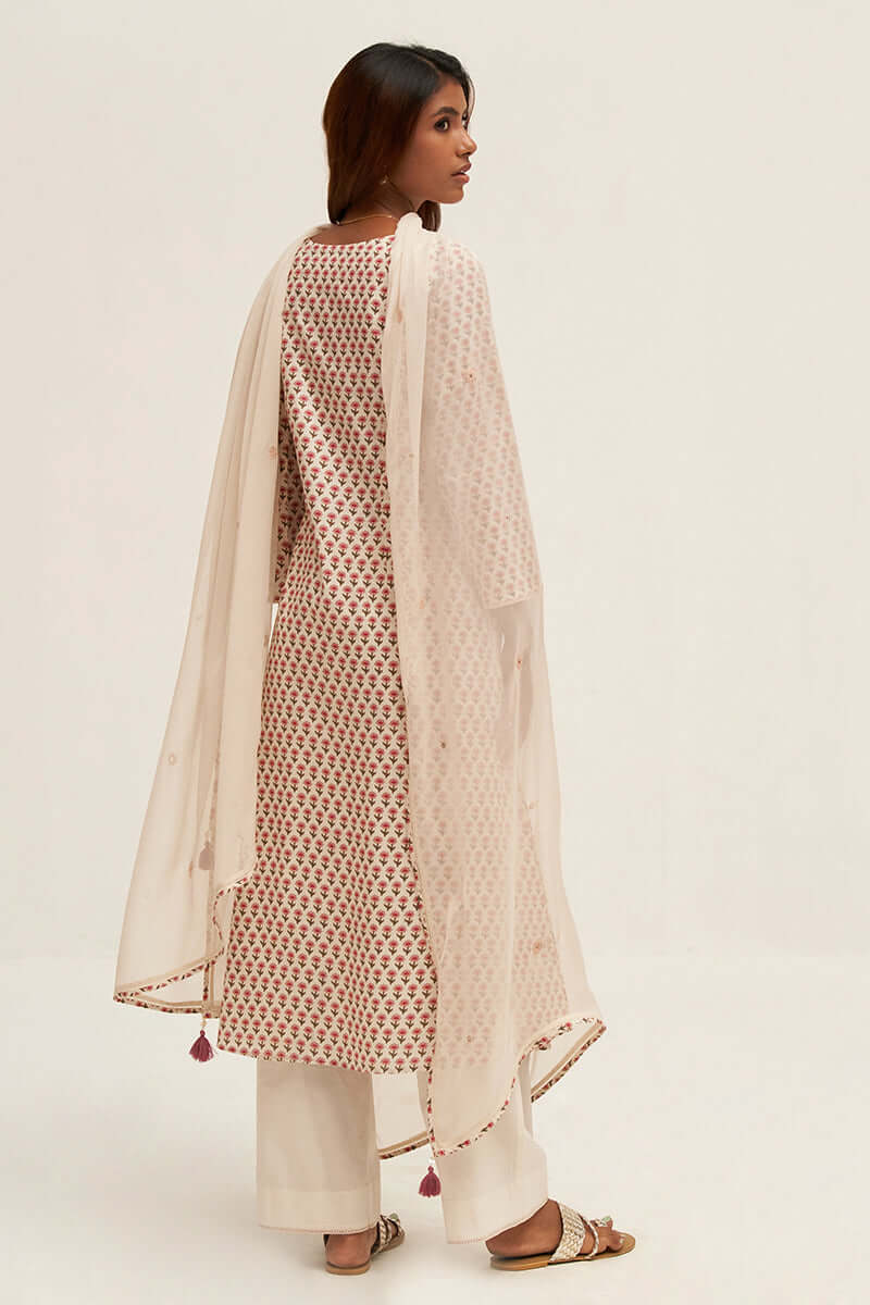 Cream Flower Printed Cotton Angrakha Suit