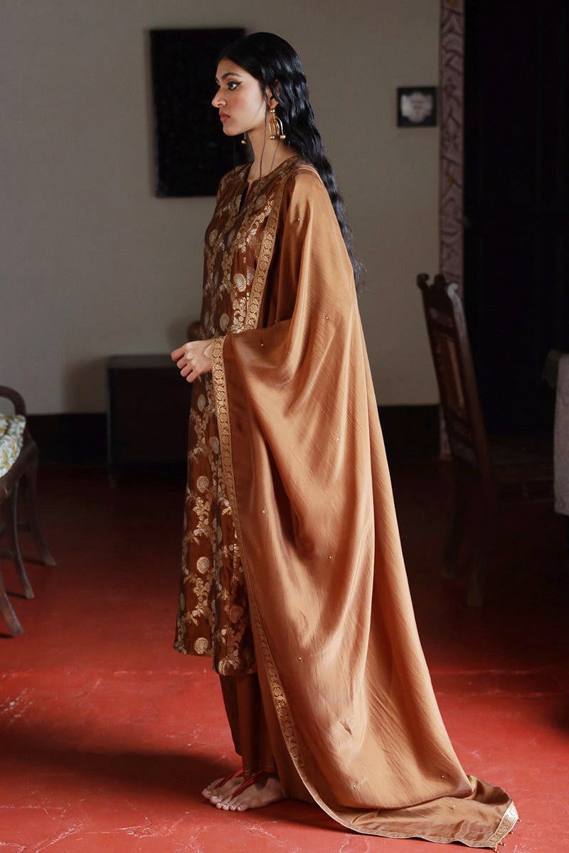 Argan Oil Brown Woven Silk Salwar Suit