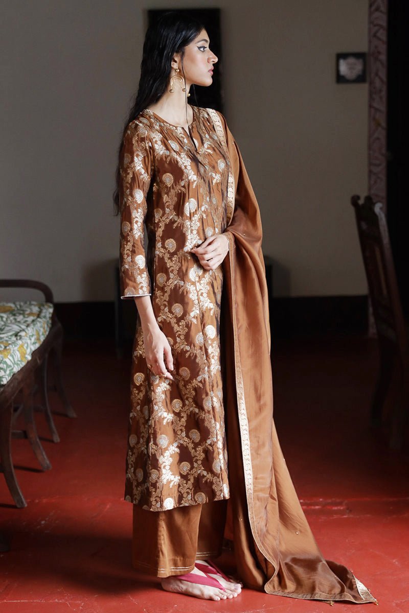 Argan Oil Brown Woven Silk Salwar Suit