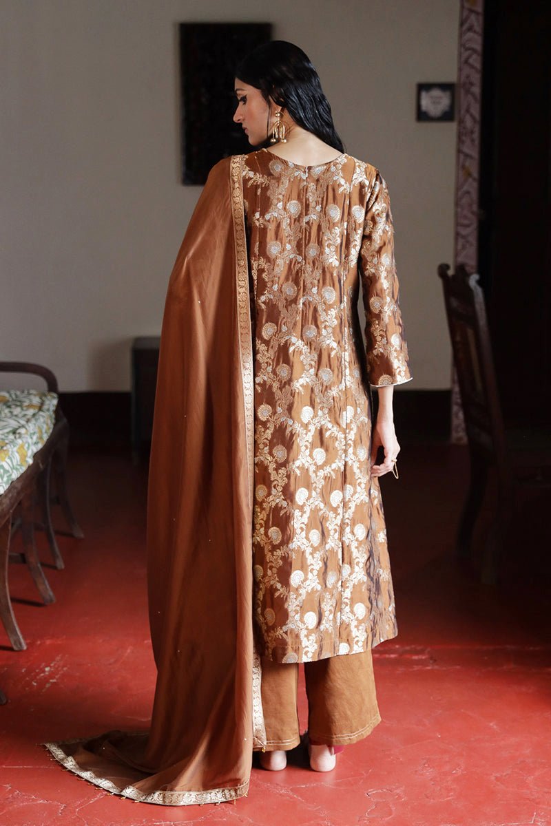 Argan Oil Brown Woven Silk Salwar Suit