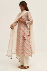 Cream Flower Printed Cotton Angrakha Suit