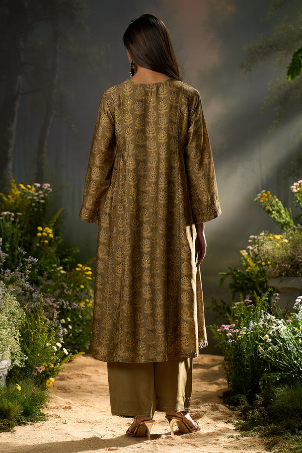 Olive Green Silk Print Festive Kurta Set