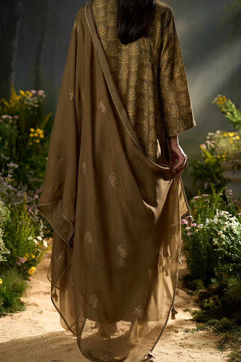 Olive Green Silk Print Festive Kurta Set