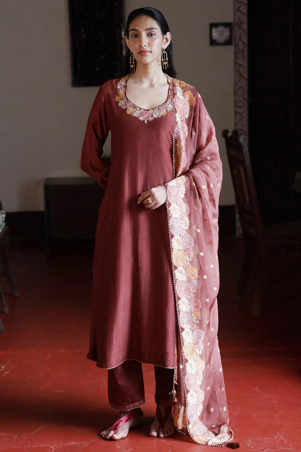 Fired Brick Silk Embroidered Salwar Suit