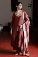 Fired Brick Silk Embroidered Salwar Suit