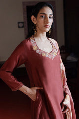 Fired Brick Silk Embroidered Salwar Suit