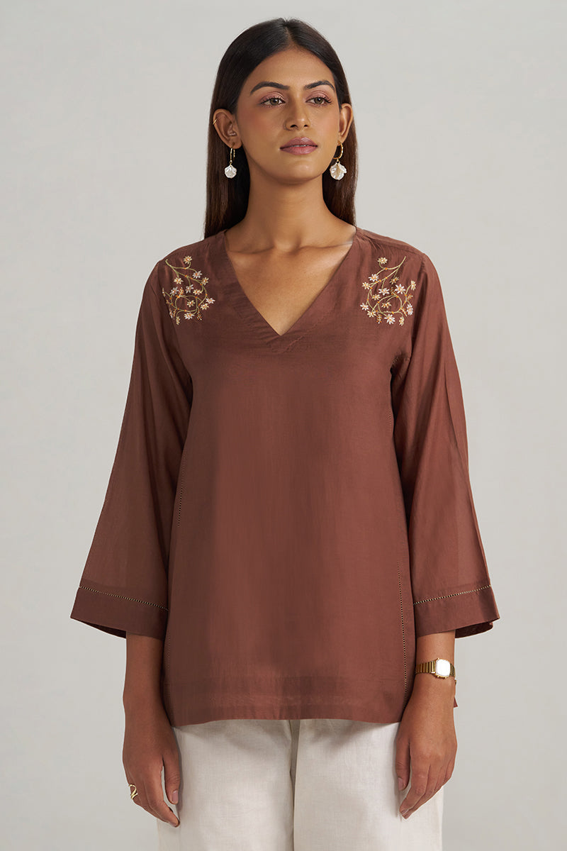 Cocoa Brown Embroidered Mul-Mul Tunic