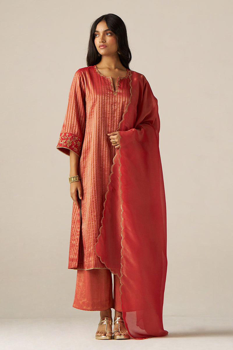 Aurora Red Woven Tissue Festive Kurta Set