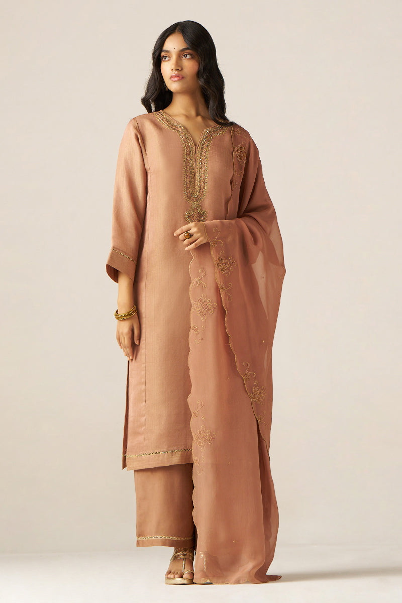 Mocha Mousse Woven Tissue Festive Kurta Set