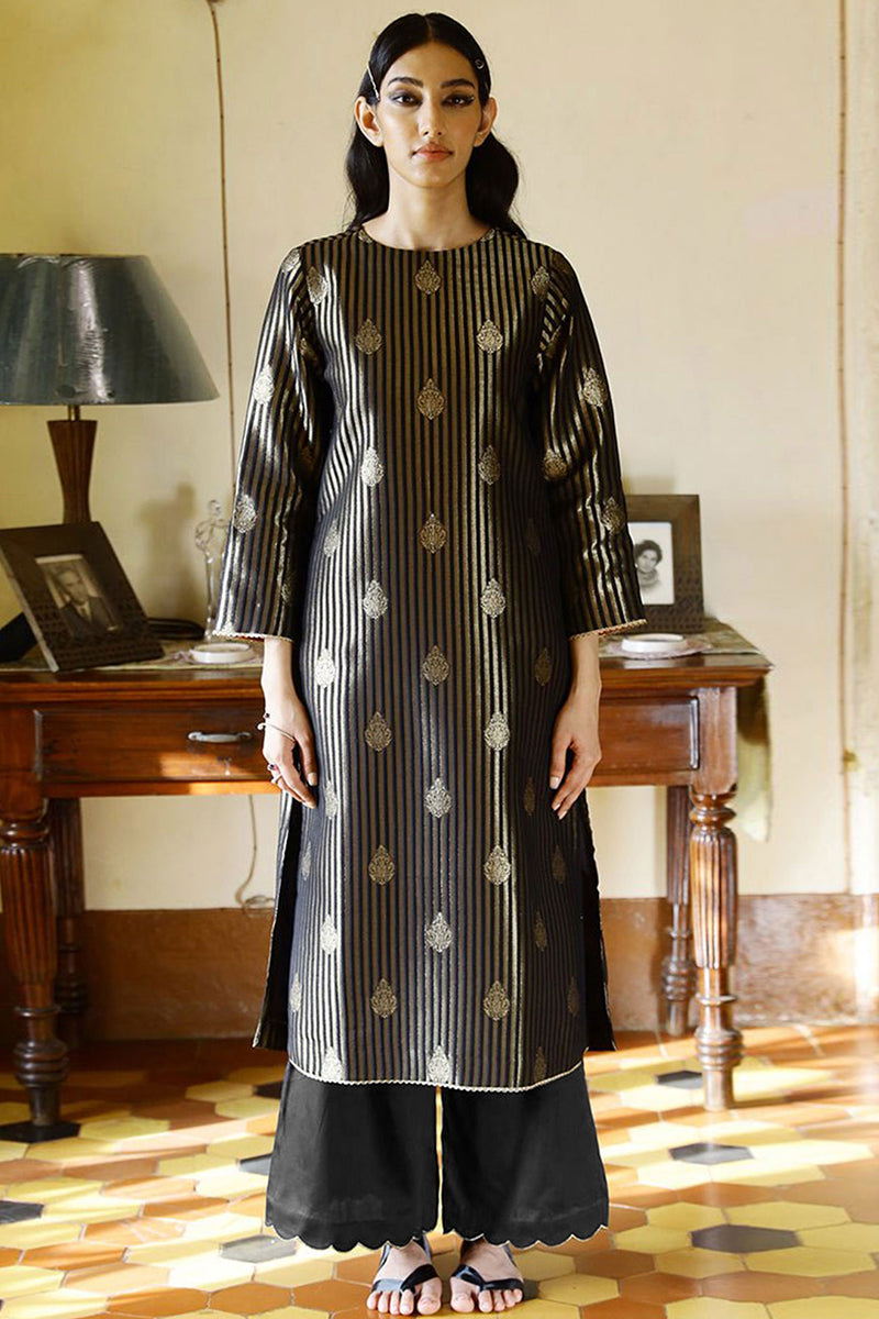 Night Black and Golden Woven Silk Salwar Suit