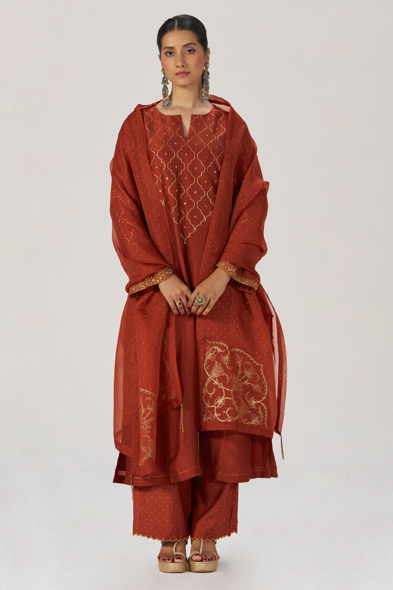 Rust Raw Silk Festive Kurta Set