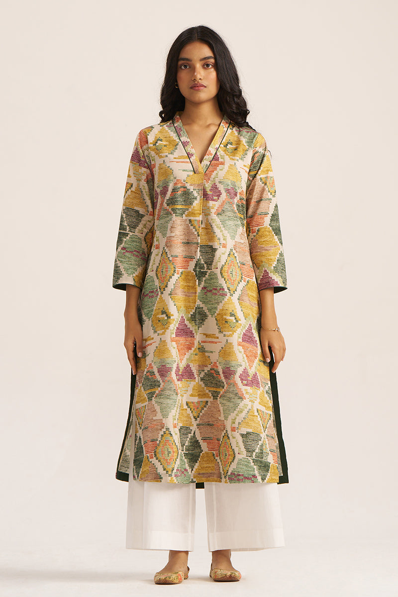 Moss Green and Mustard Cotton Kurta