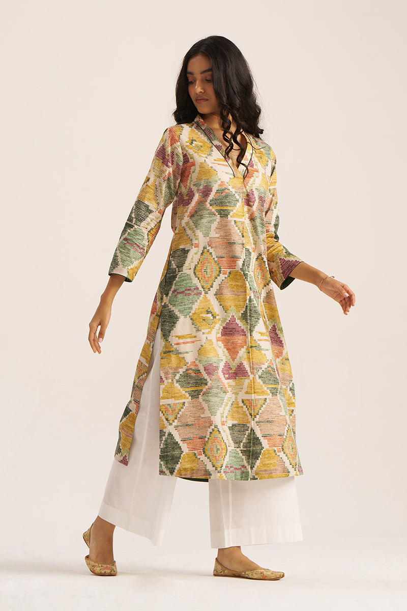 Moss Green and Mustard Cotton Kurta