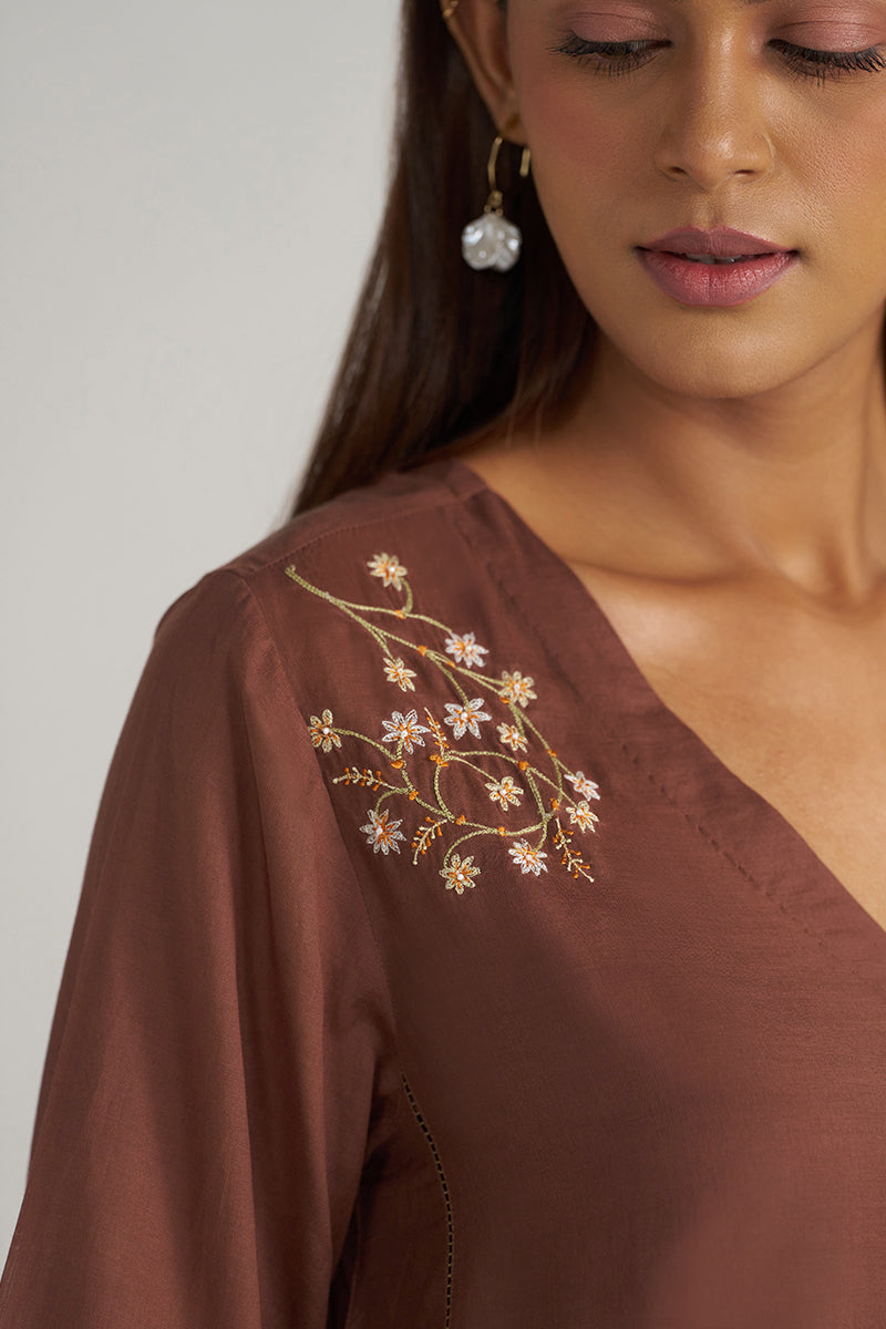 Cocoa Brown Embroidered Mul-Mul Tunic