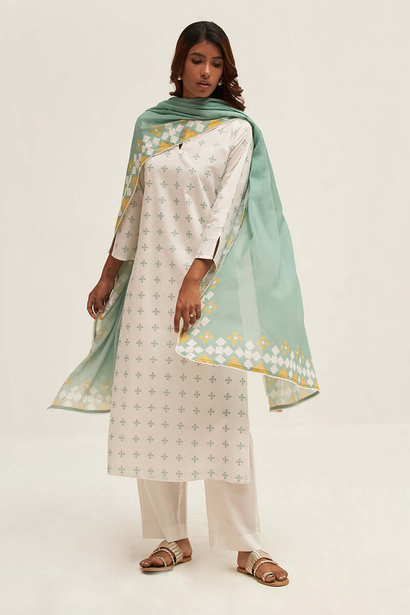 White and Aquifer Printed Cotton Salwar Suit
