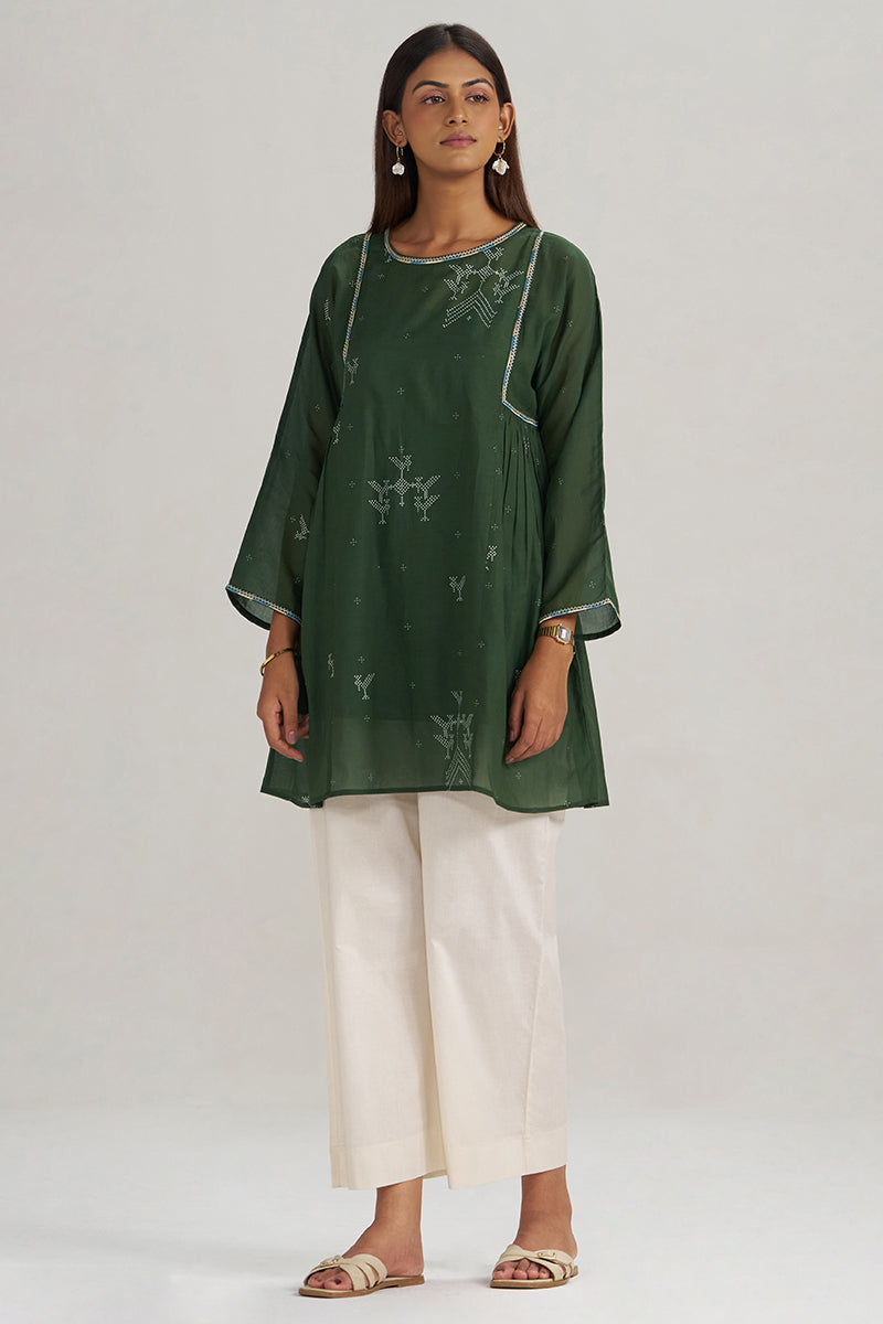 Mehndi Green Hand-Printed Mul-Mul Tunic