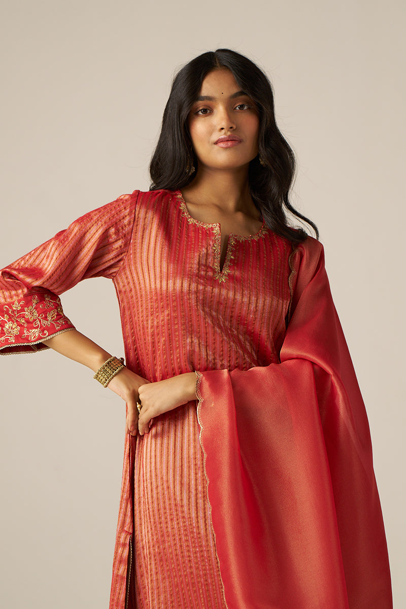 Aurora Red Woven Tissue Festive Kurta Set