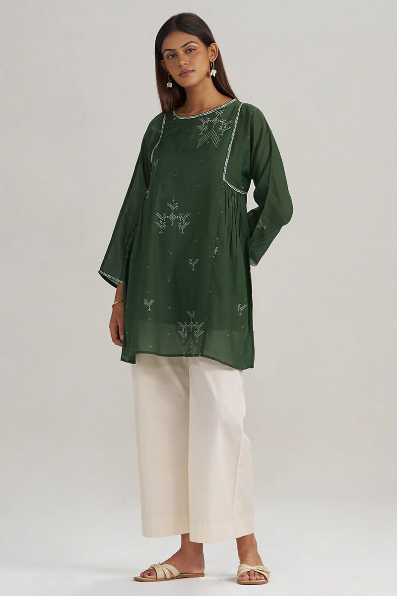 Mehndi Green Hand-Printed Mul-Mul Tunic