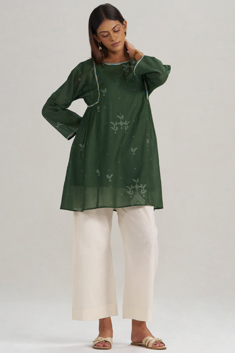 Mehndi Green Hand-Printed Mul-Mul Tunic