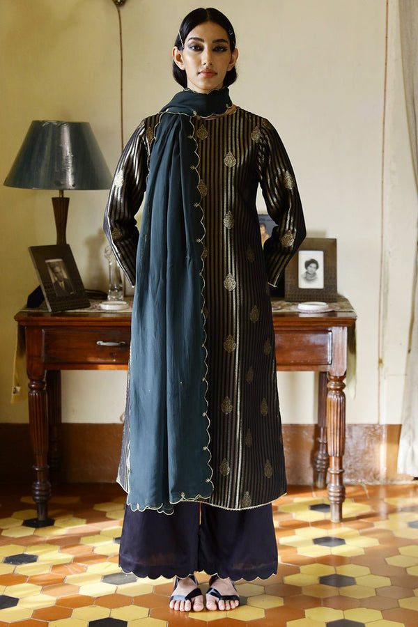 Night Black and Golden Woven Silk Salwar Suit