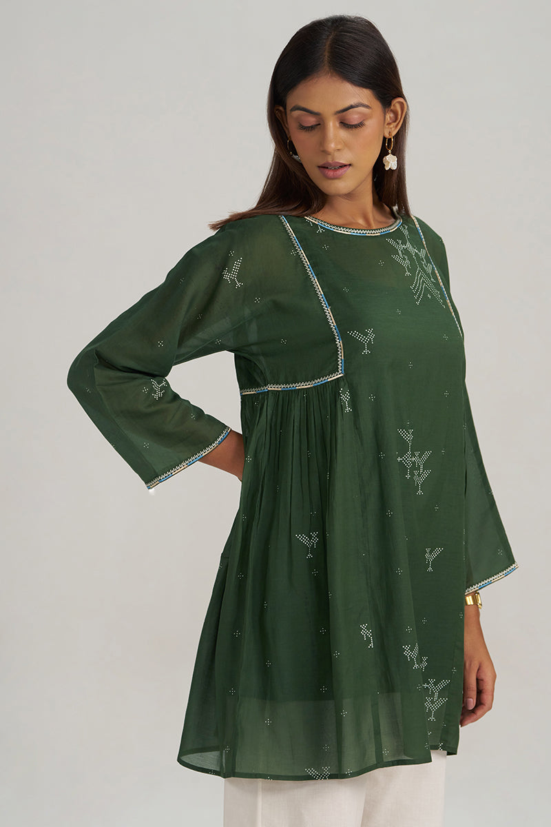 Mehndi Green Hand-Printed Mul-Mul Tunic