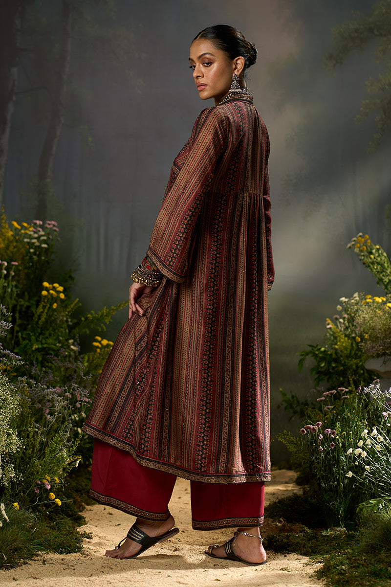 Deep Maroon and Black Silk Traditional Co-ord Set