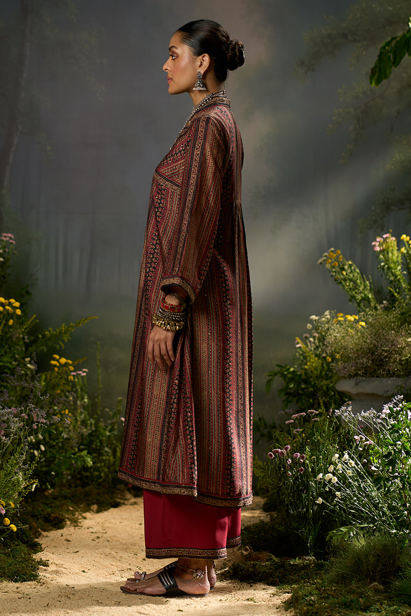 Deep Maroon and Black Silk Traditional Co-ord Set