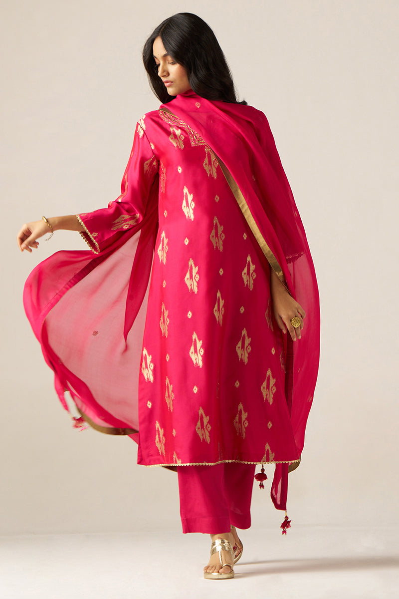 Rani Pink Zari Woven Festive Kurta Set