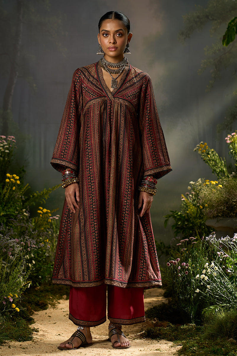 Deep Maroon and Black Silk Traditional Co-ord Set