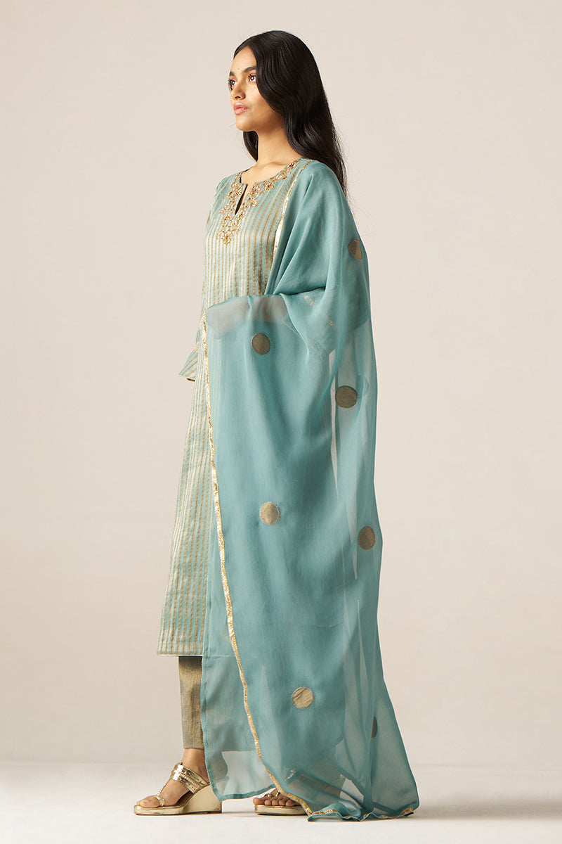 Mineral Blue Woven Tissue Festive Kurta Set