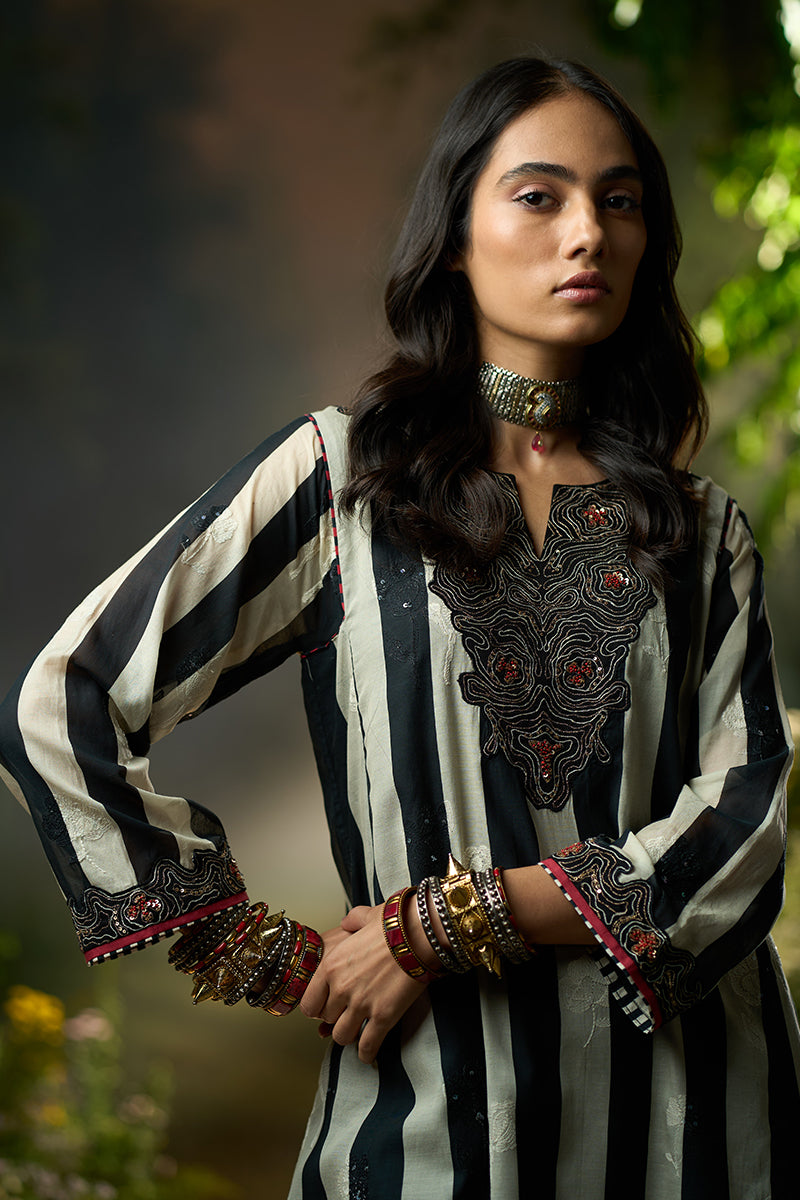 Black and Off White Stripe Traditional Co-ord Set