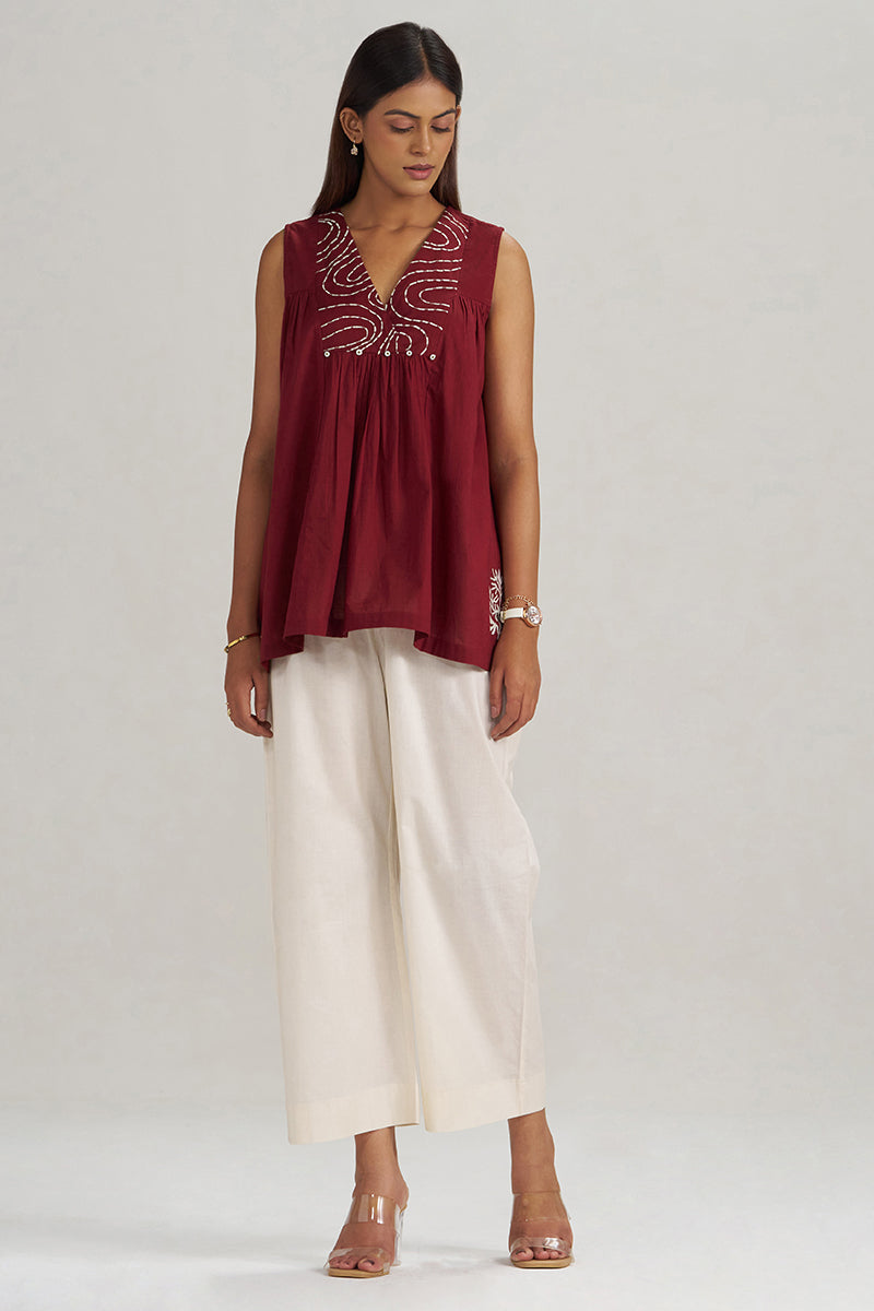 Maroon Embroidered Mul-Mul Tunic