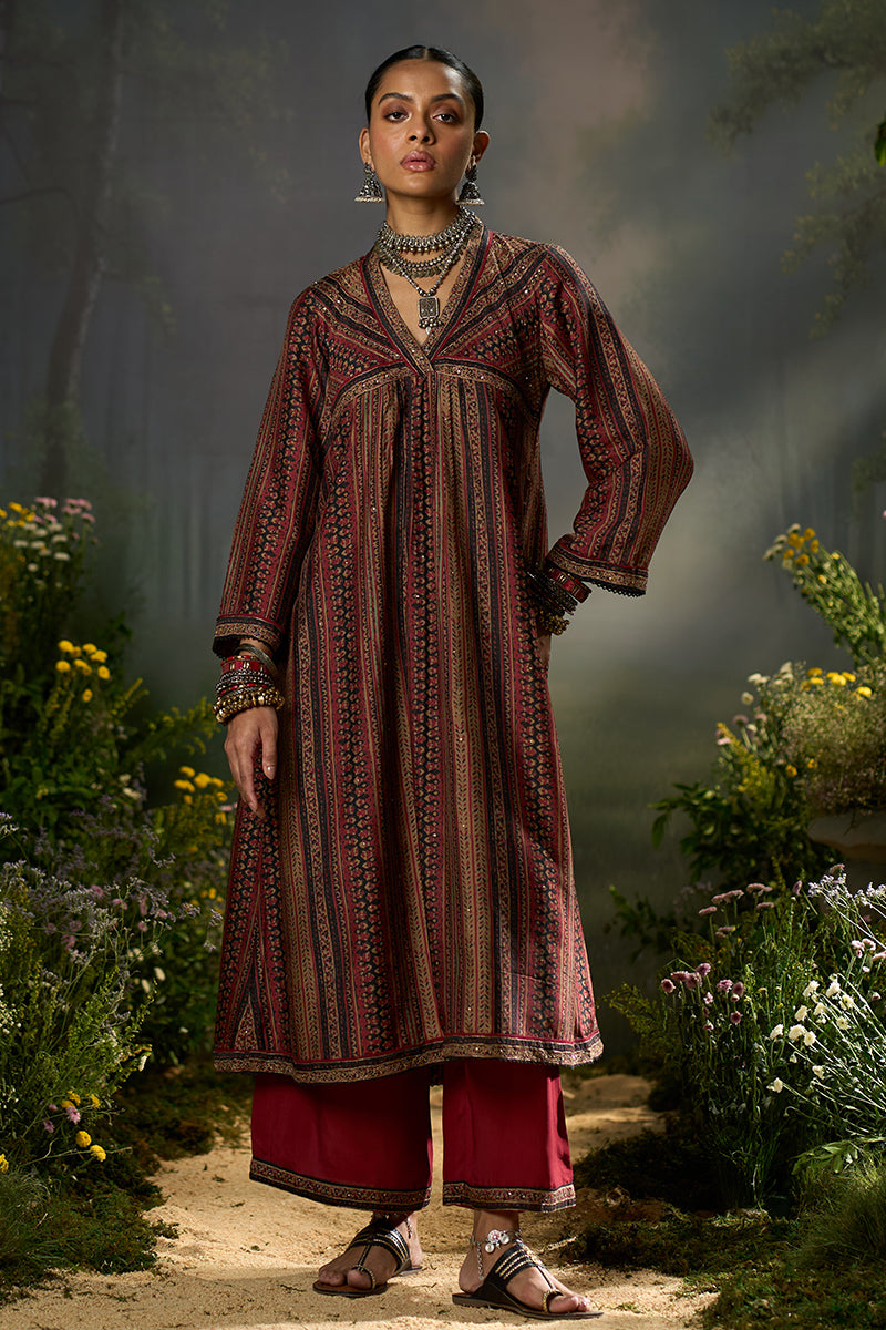 Deep Maroon and Black Silk Traditional Co-ord Set