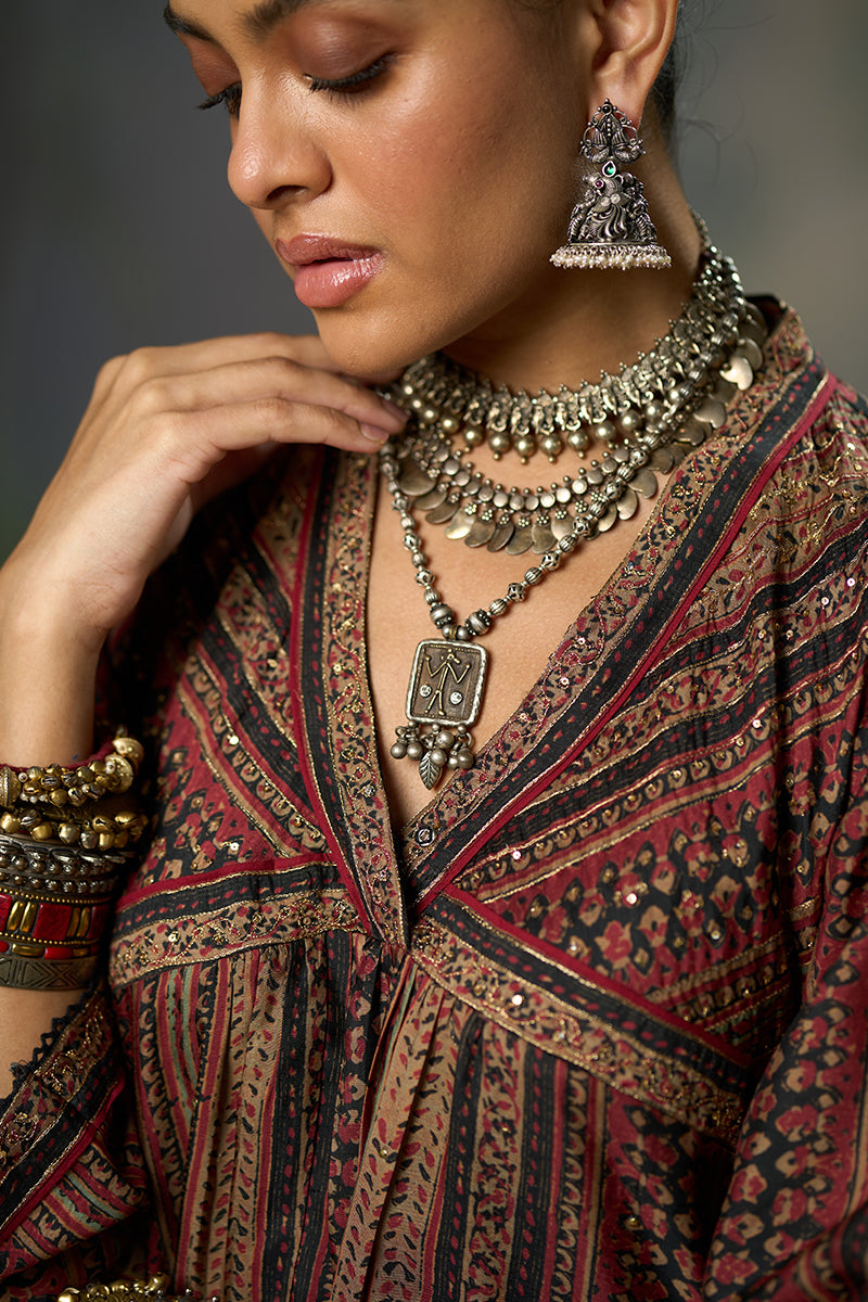 Deep Maroon and Black Silk Traditional Co-ord Set