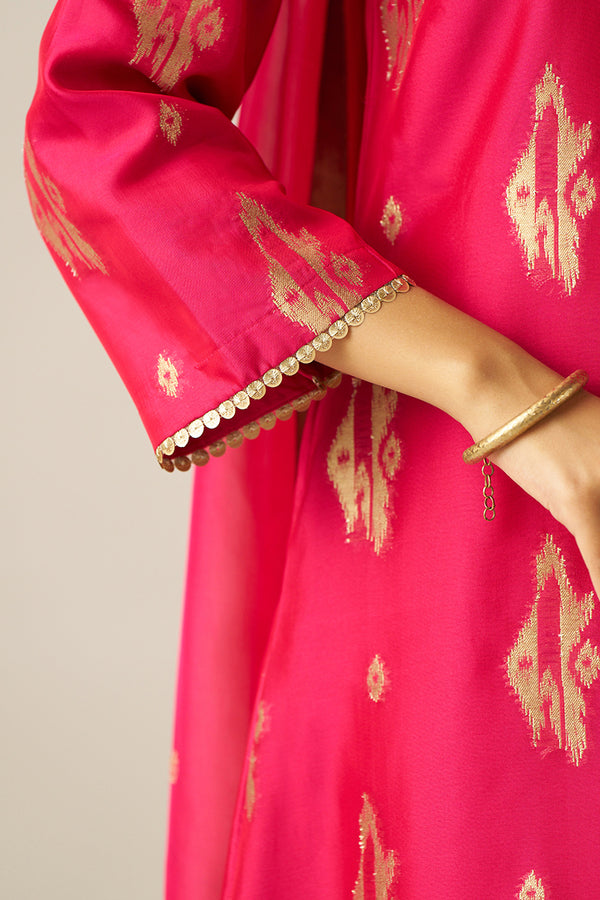 Rani Pink Zari Woven Festive Kurta Set