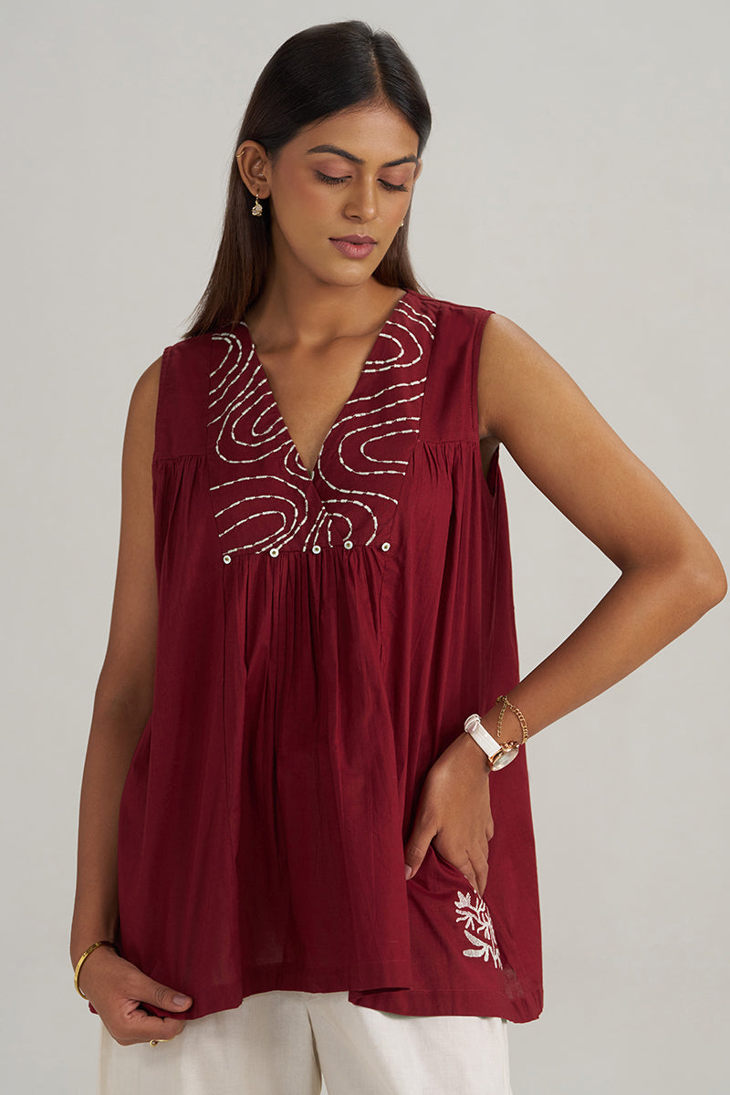 Maroon Embroidered Mul-Mul Tunic