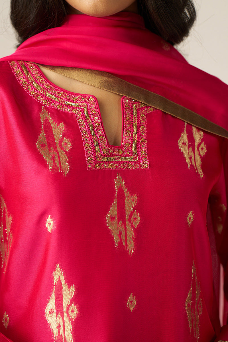 Rani Pink Zari Woven Festive Kurta Set