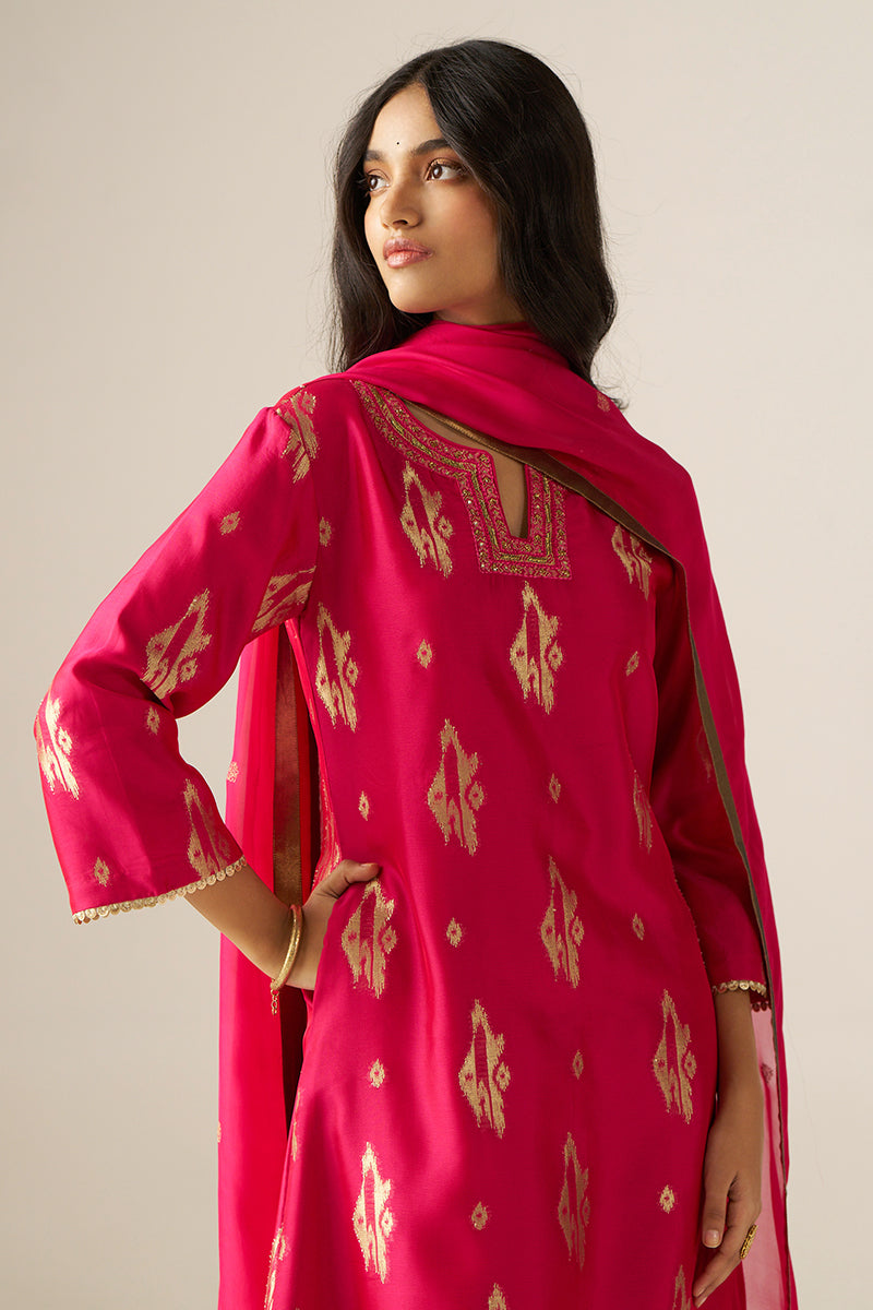 Rani Pink Zari Woven Festive Kurta Set